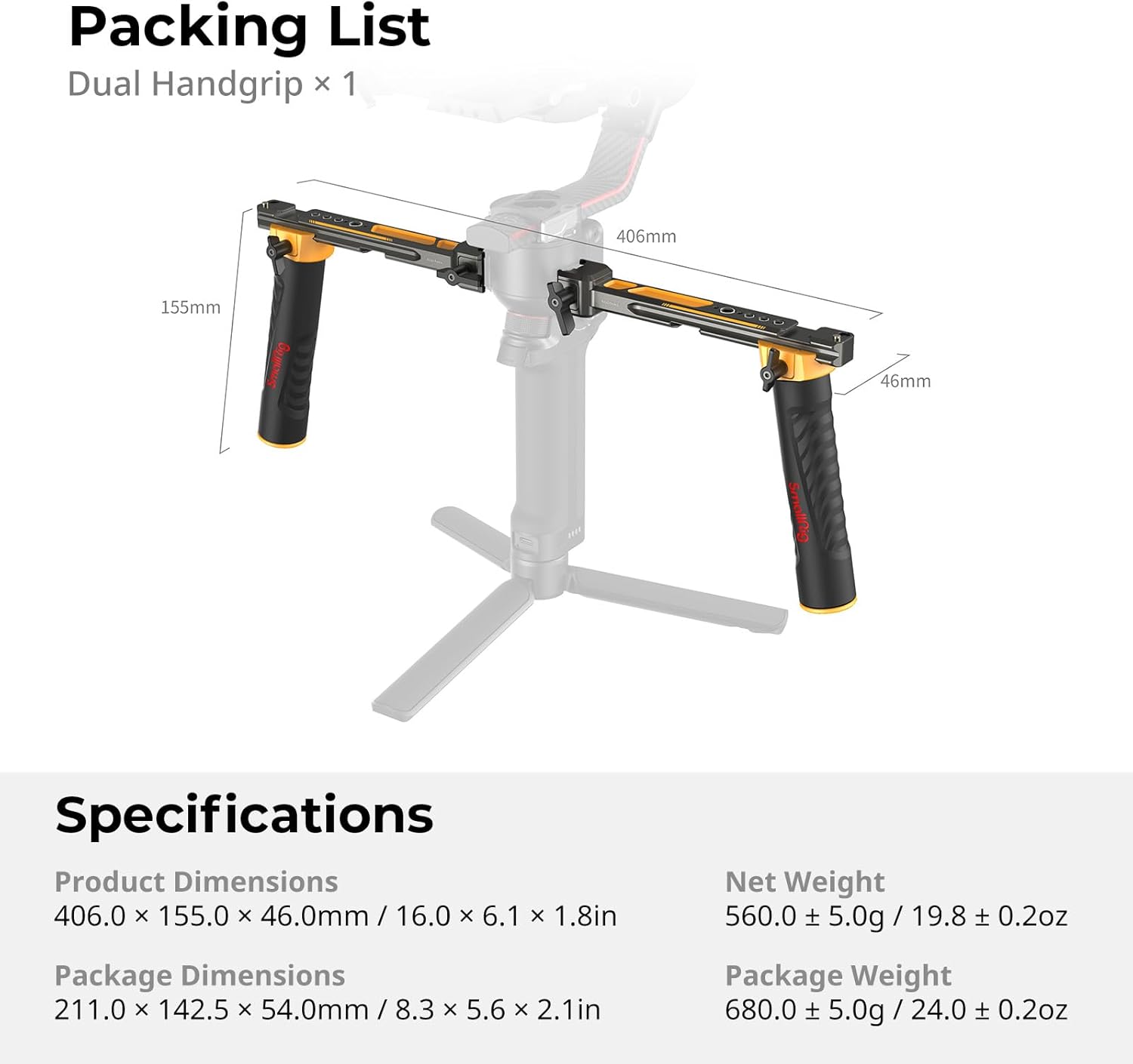 SMALLRIG Dual Handle Handgrip (Bumblebee Edition) for DJI RS 5 / RS 4 / RS 4 Pro/RS 3 / RS 3 Pro/RS 2 / RSC 2 Gimbal, Handgrip with NATO Rails, Cold Shoe, 1/4"-20 & 3/8"-16 Threaded Holes - 5526