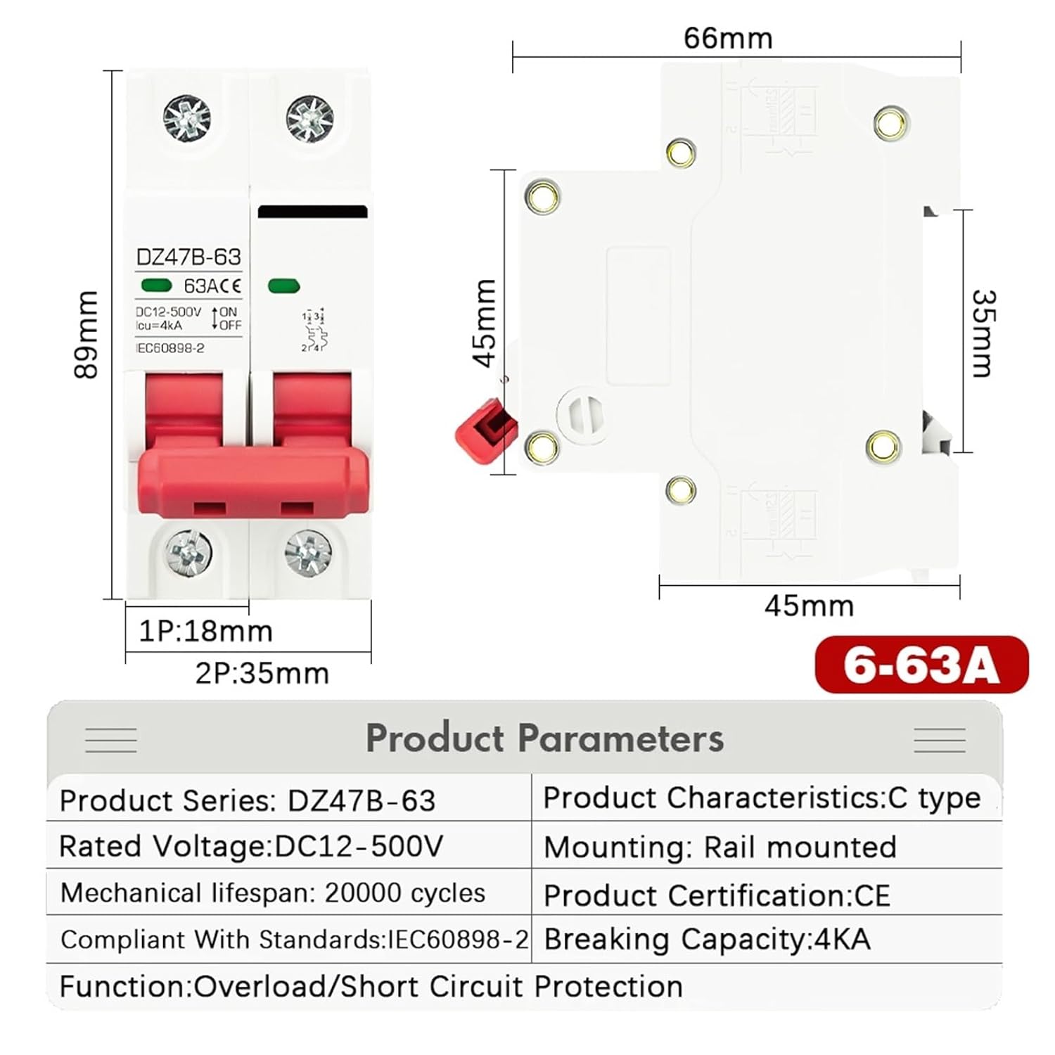 DC12V 24V 48V 36V DC Battery Car Protector Circuit Breaker DZ47 DC Positive and Negative Pole Rotection Switch Isolator(1P,10A)