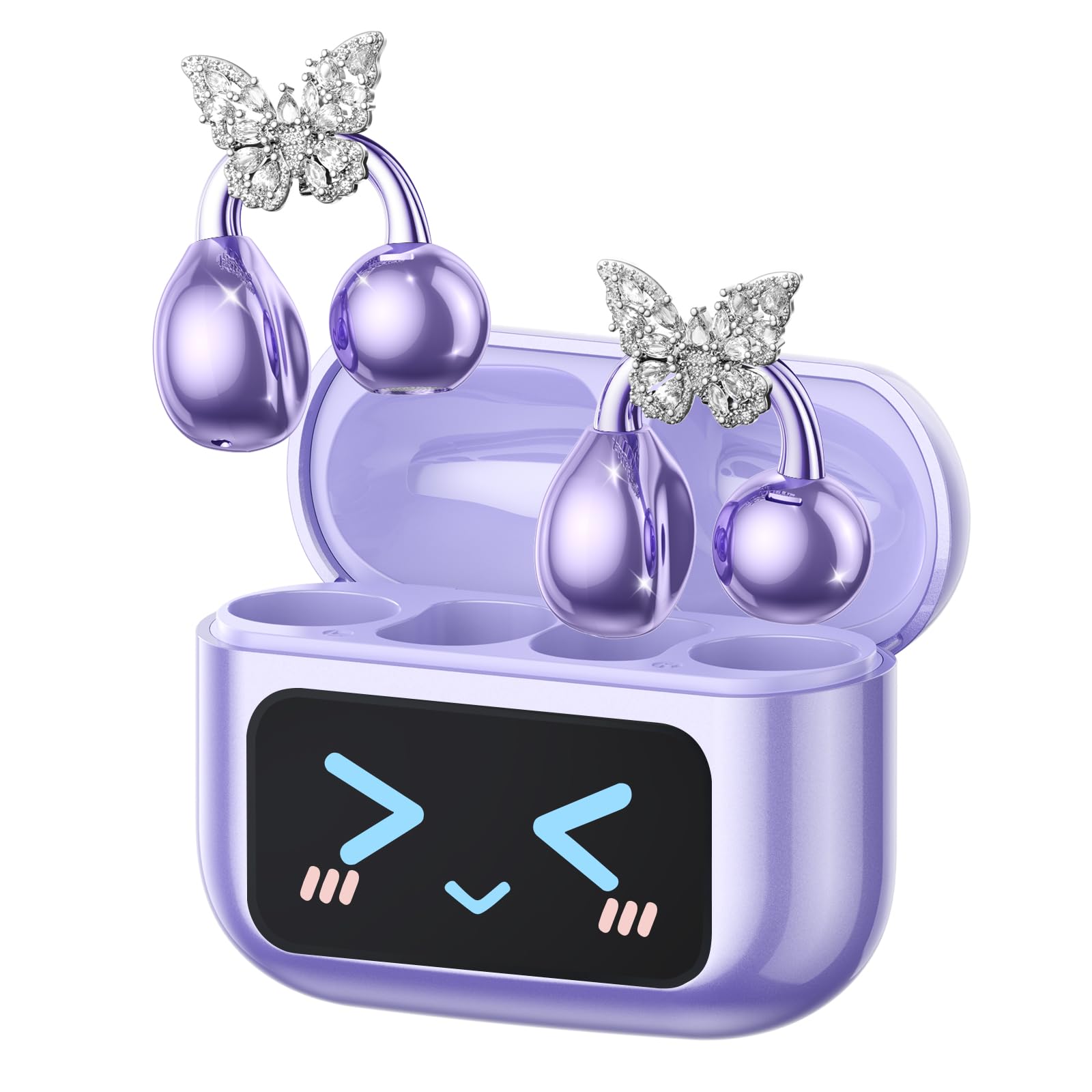 PAXA Stylish Open Ear Clip On Earbuds with Removable Butterfly Earring, Clip On Headphones with LCD Touch Screen, Fashionables Open Ear Headphones for