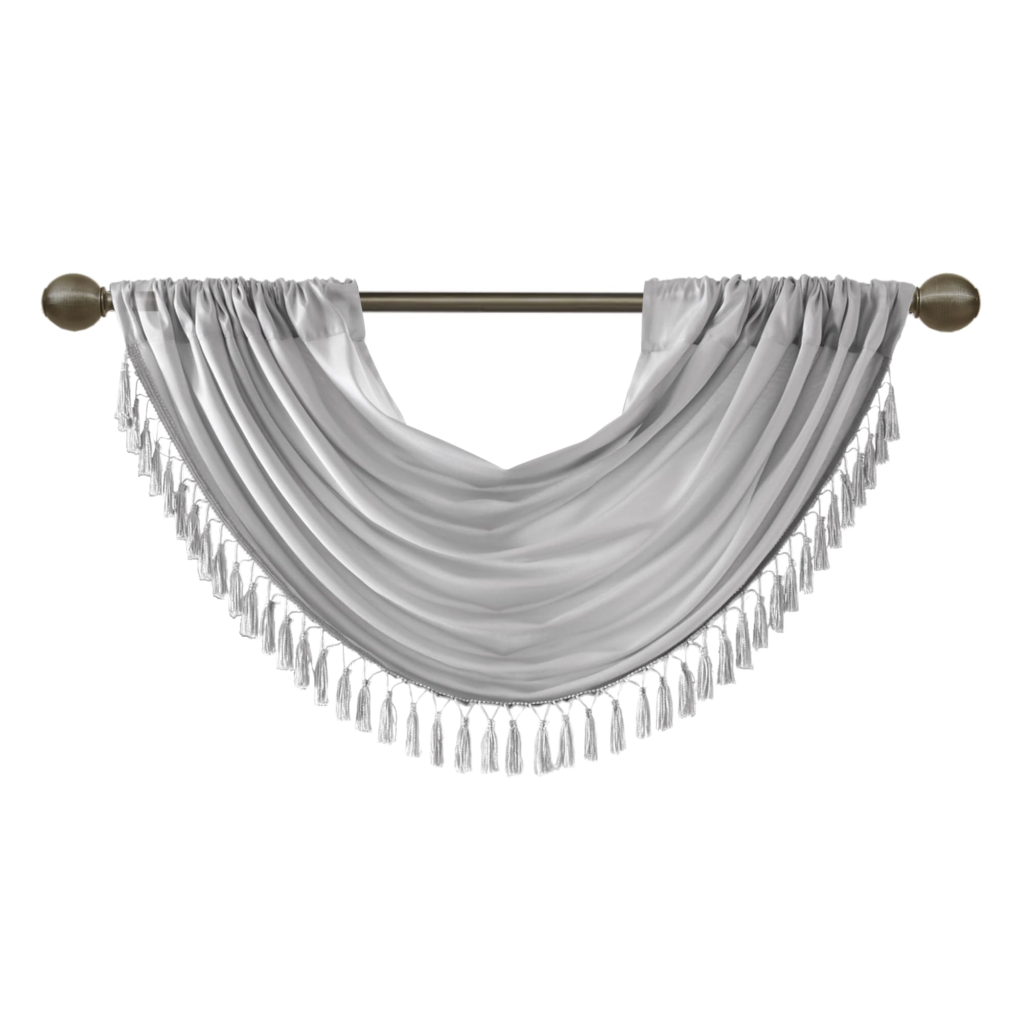 Madison Park Elena Faux Silk Watarfall with Tassel Trim Embelished Curtain Window Valance, Rod Pocket fits Up to 1.25" Diameter, Machine Washable, 38x46, Silver