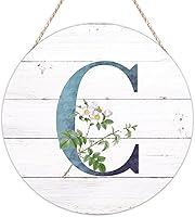 Vista 1 de Welcome Sign for Wall Initial Letter C Blue Round Wood Signs Monogram White Floral Wood Plaque Fresh Flowers 12in Mid Century Home Wall Decor for