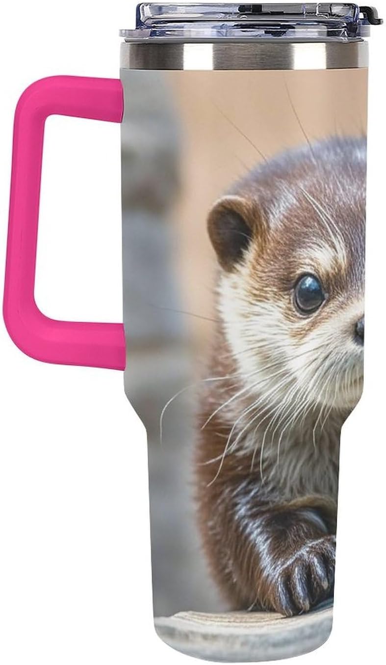 Cute Otter Tumbler 40 Oz with Handle&Lid Large Car Cup Stainless Steel Vacuum Travel Mug Insulated Water Bottle Leak-proof Portable Coffee Cup for Home Car Outdoor