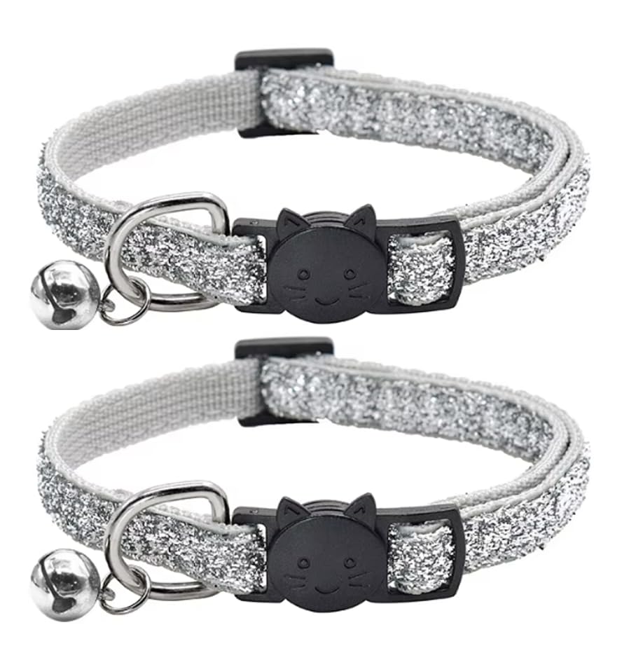 Glitter Cat and Kitten Collar with Bell and Safety Release Buckle, Adjustable Design, Pack of 2, Available in Red, Pink, Blue, Silver and Gold. (Silver)