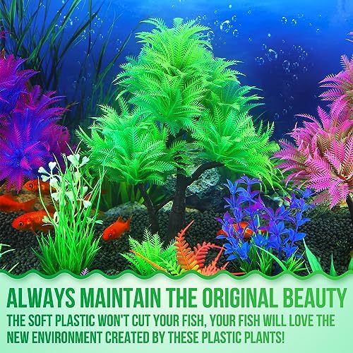 Borlech Aquarium Plants Decorations, Fish Tank Artificial Plastic Tree Plant Decoration Set 10 Pieces (Green)