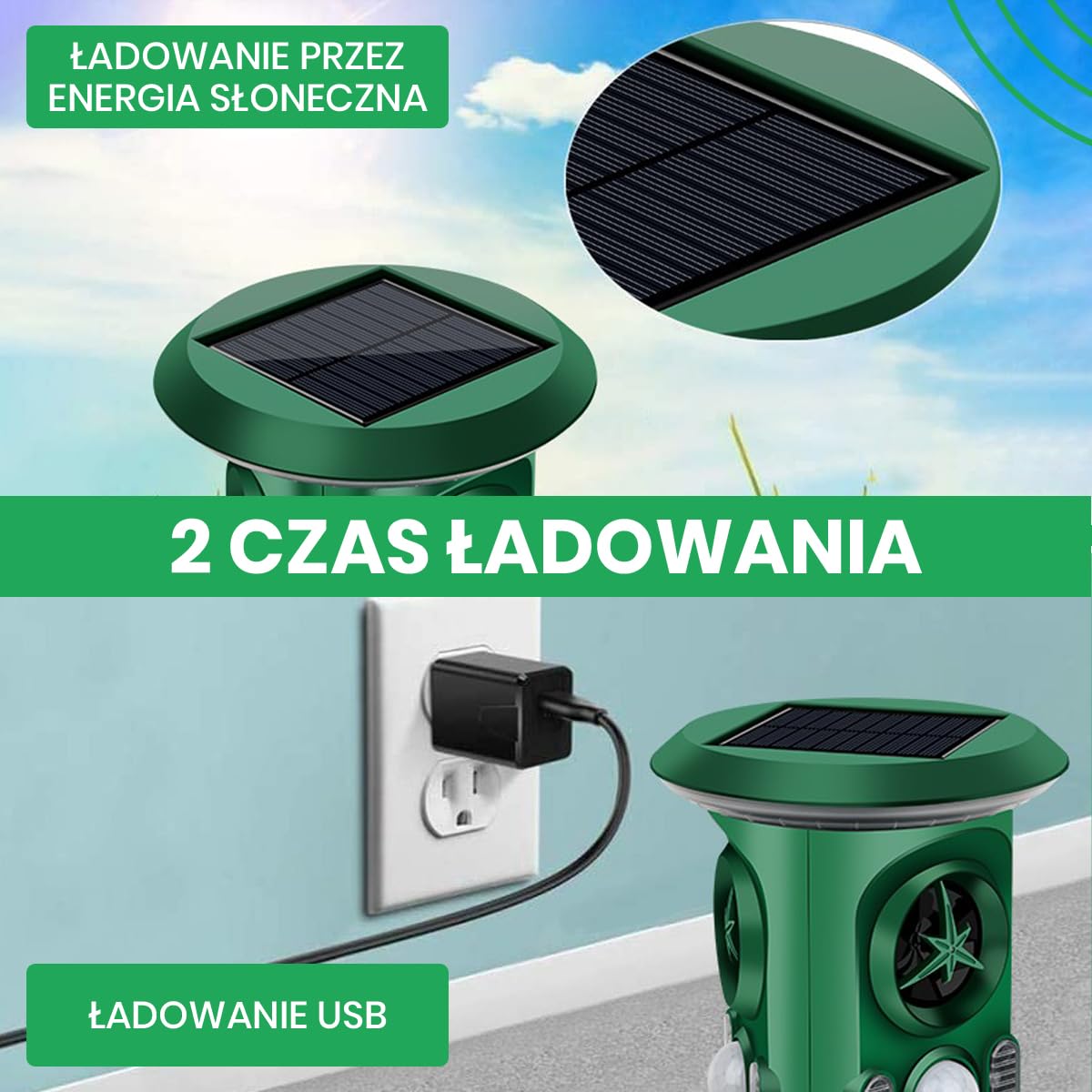 Odstraszacz kotów Fleau Garden PRO - Odstraszacz zwierząt - Ultradźwiękowy - Energia słoneczna - kun - gołębi - szkodników - Wodoodporny (Zielony — ochrona 360°)