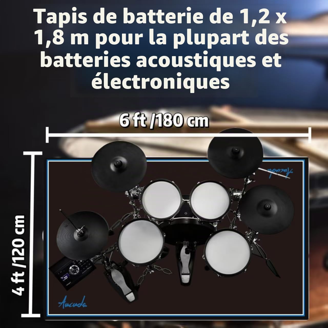 Aucuda Tapis de batterie antidérapant et infroissable pour batterie électrique, 120 x 180 cm, tapis à pédale, tissu tissé serré, accessoires insonorisants en TPR pour homme, appartement, garage - Noir