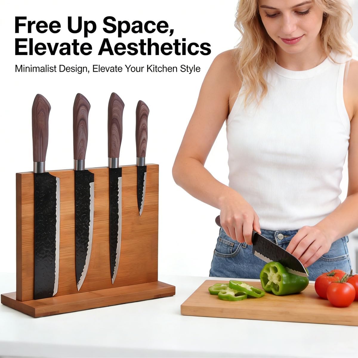 Bamboo magnetic knife holder - Double-Sided magnetic knife block with Strong Magnets, Space-Saving knife magnetic strip for Kitchen Countertop, Multipurpose knife organizer