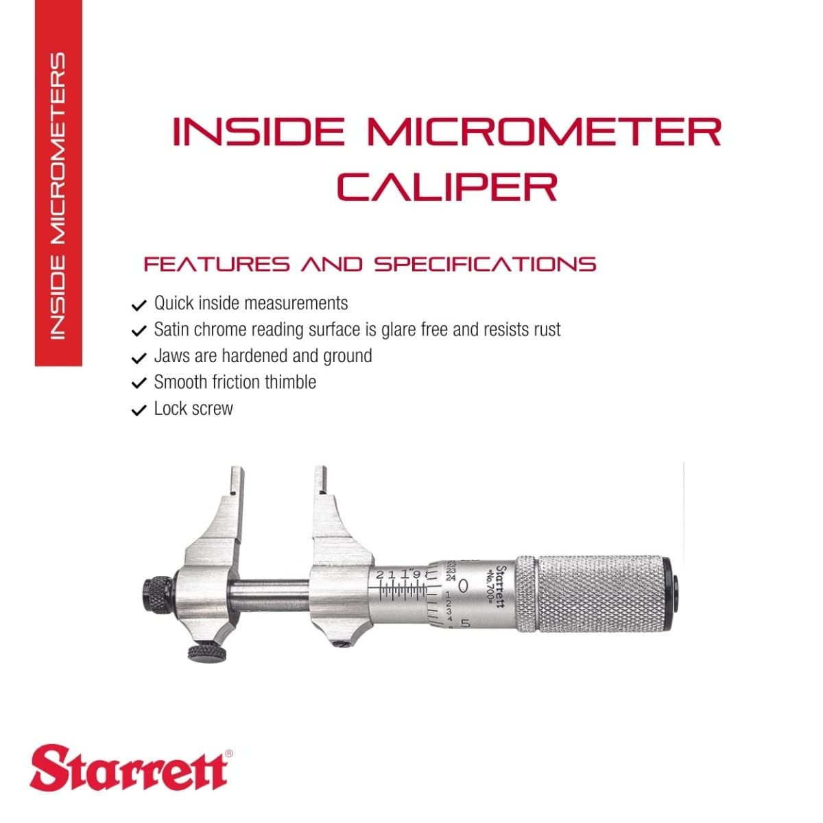 Starrett 700 A Vernier wewnętrzny mikrometr, typ suwmiarki, zakres 0,5-3,5 cm, podział 0,001", dokładność +/-0,0002 cala