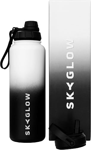SkyGlow Double Wall Vacuum Insulated Stainless Steel Bottle with Straw, 1.2L Thermos Flask for Gym & Sports, Hot & Cold, 2 Lids (White & Black)