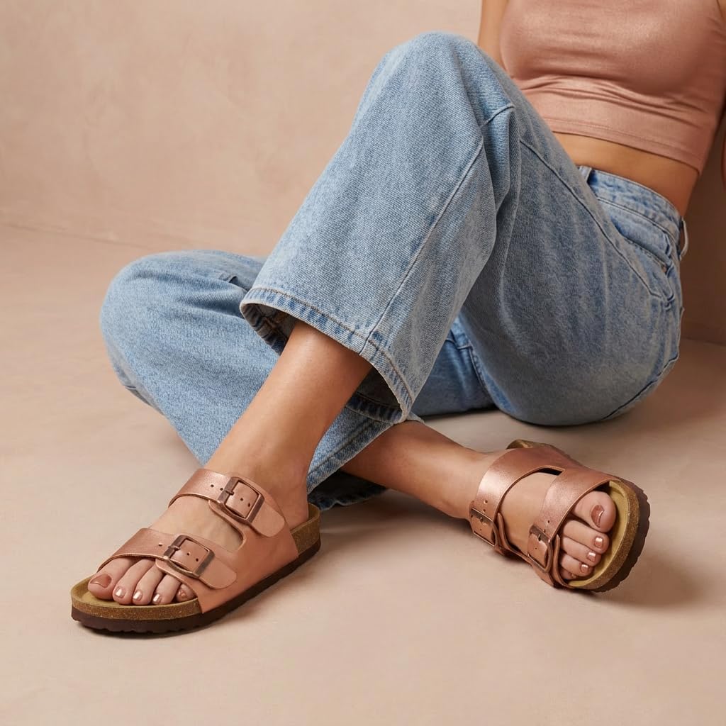 CUSHIONAIRE Lane Cork Footbed Sandals for Women – Comfortable Double Buckle Slip-On with Genuine Suede Footbed & Arch Support Slides for Women Footwear - Image 2