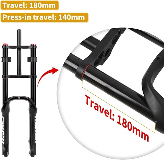 BMX Air Suspension Fork 20/26x4.0 Fat Tire Front Forks 180 mm Travel Straight tube Disc Brake Mountain Bike Forks Damping Adjustment QR 9 x 135MM For MTB eBike Snow Beach(Black,20inch)