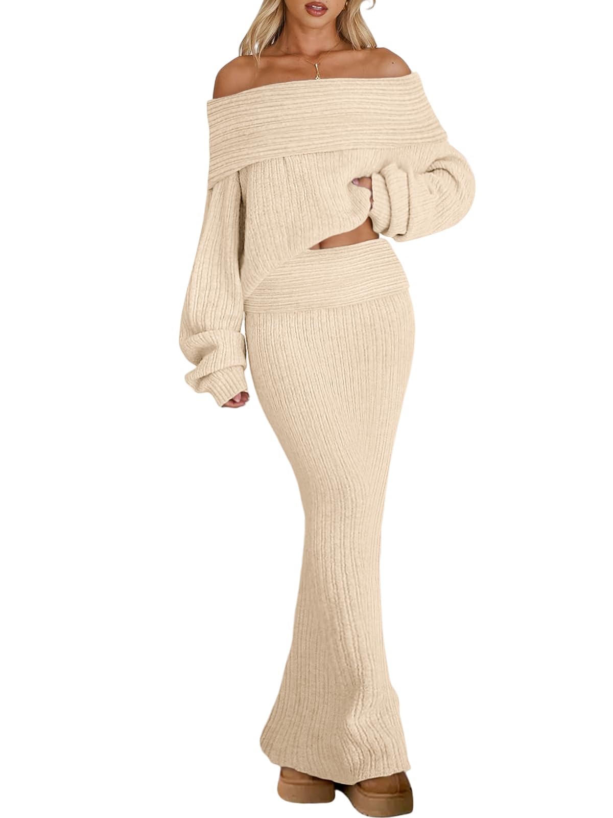LILLUSORY Womens Off the Shoulder Sweater Dress Knit Two Piece Maxi Skirt Sets