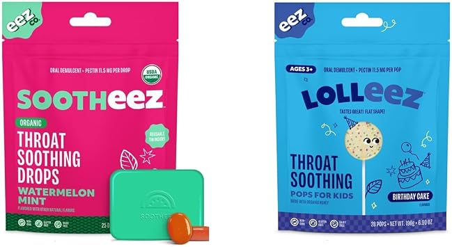 Lolleez Lollipops for Kids Sore Throat Relief, Birthday Cake, 28 Count and Sootheez Organic Throat Soothing Drops for Adults, Watermelon, 25 Count