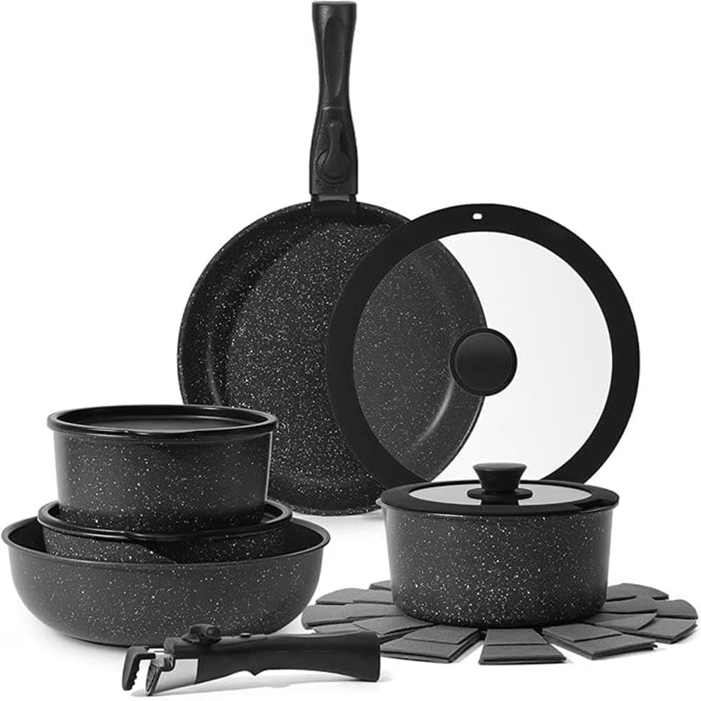 15 Piece Pot and Pan Set, Nonstick Kitchen Cookware, Removable Handles, RV Nonstick Cookware Set, Oven Safe, Induction, Black