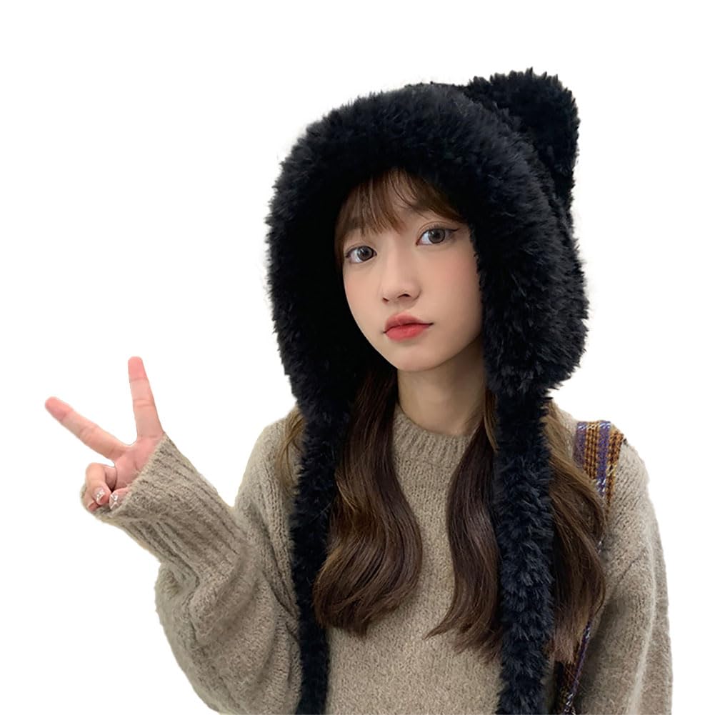 CNGYNI Women Winter Beanie Hats Knit Ear Flaps Cute Stuffed Bear Ears Fleece Lined Fluffy Ski Snow Hat, Black, One Size