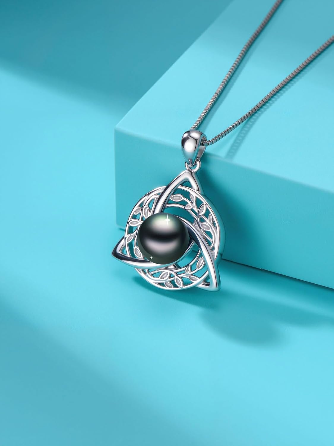 Tahitian Black Pearl AAAA 18K White Gold Plated Sterling Silver Leaf Celtic Knot Pendant Necklace for Women Wife Mom Girlfriend Her Jewelry Gift for Anniversary Birthday - Image 2