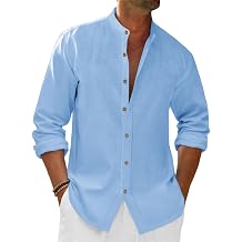 Runcati Mens Casual Linen Shirts 3/4 Sleeve Button Down Banded Collar Summer Beach Shirt