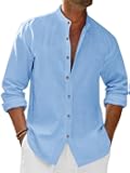 Mens Casual Linen Shirts 3/4 Sleeve Button Down Banded Collar Summer Beach Shirt