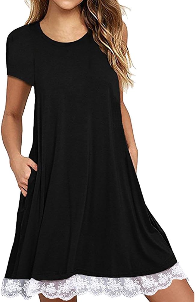 Toamen Dresses Sale Women's Summer Casual Lace Hem Short Sleeve Swing T-Shirt Dress Beach Cover up with Pockets