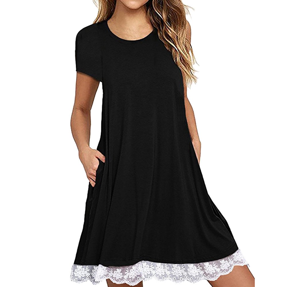Toamen Dresses Sale Women's Summer Casual Lace Hem Short Sleeve Swing T-Shirt Dress Beach Cover up with Pockets