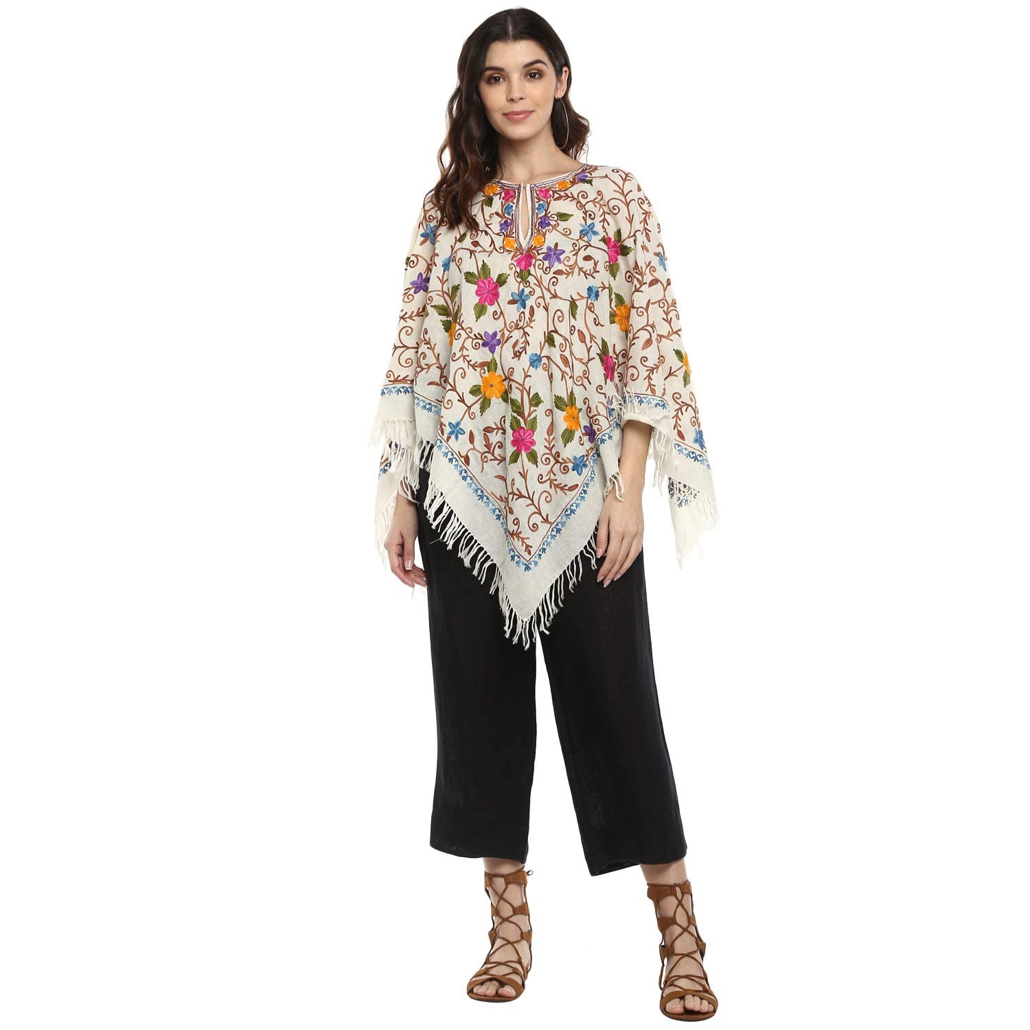 craftbazar Kashmiri Women's Allover Embroidered Cream Woolen Poncho-picture-23