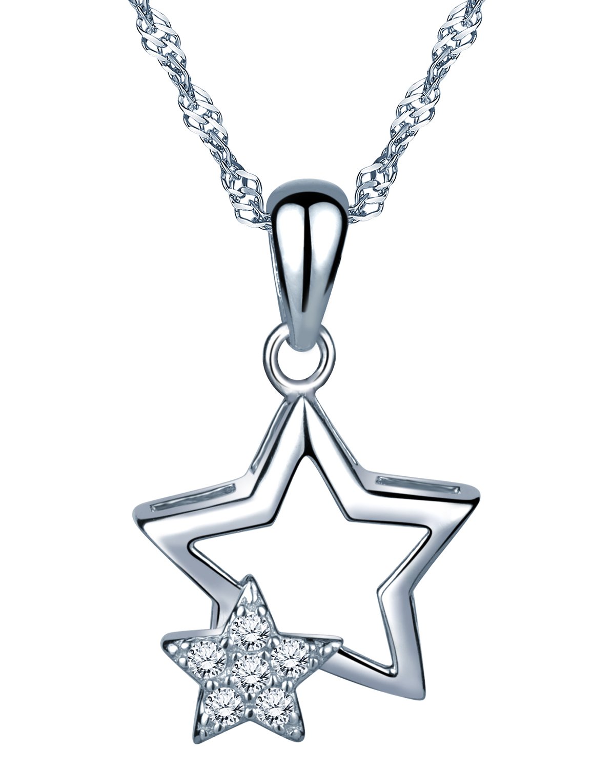 Unendlich U Infinite U Fashion - Collar con colgante de plata de ley 925 con doble estrella para mujeres/niñas, plata, Zirconia cúbica Plata esterlina, Circonia cúbica