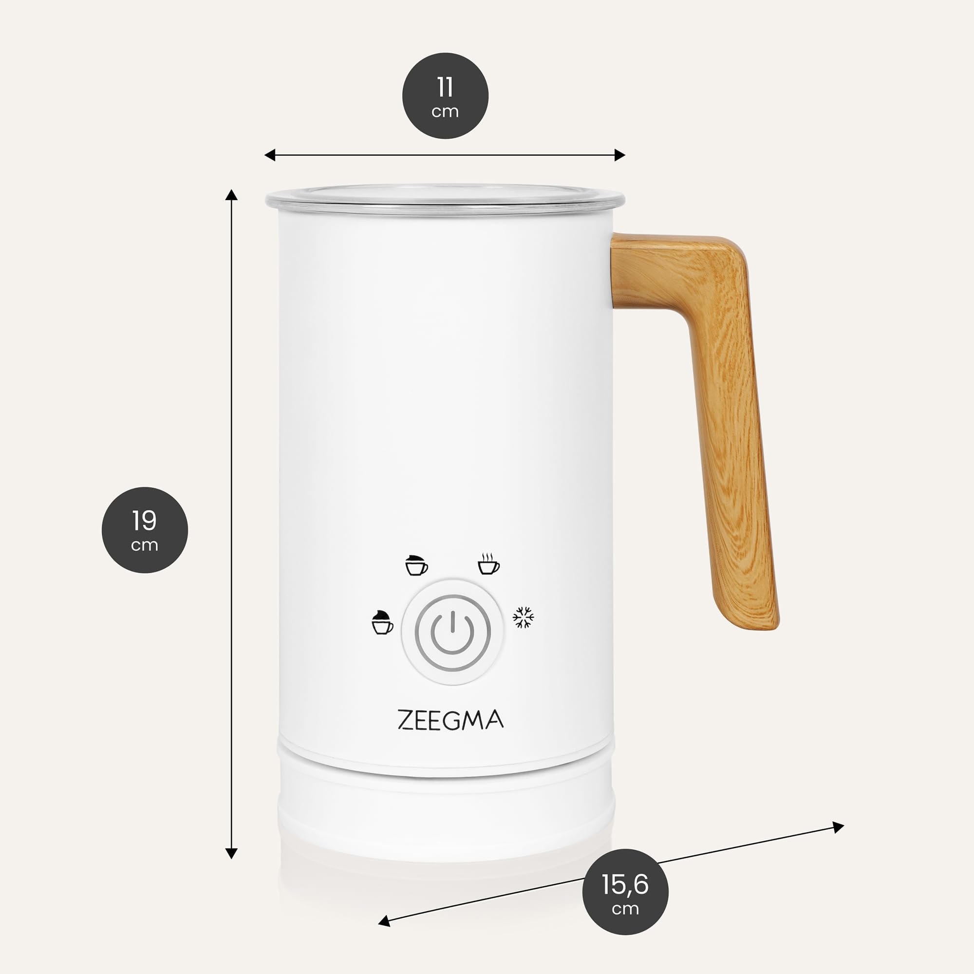 Zeegma Milkee - Espumador de Leche Eléctrico Milkee 650ml, Potencia de 500W, 4 Modos para Espumar y Calentar, Diseño Moderno con Mango de Madera, Fácil de Limpiar, Revestimiento Antiadherente - Blanco