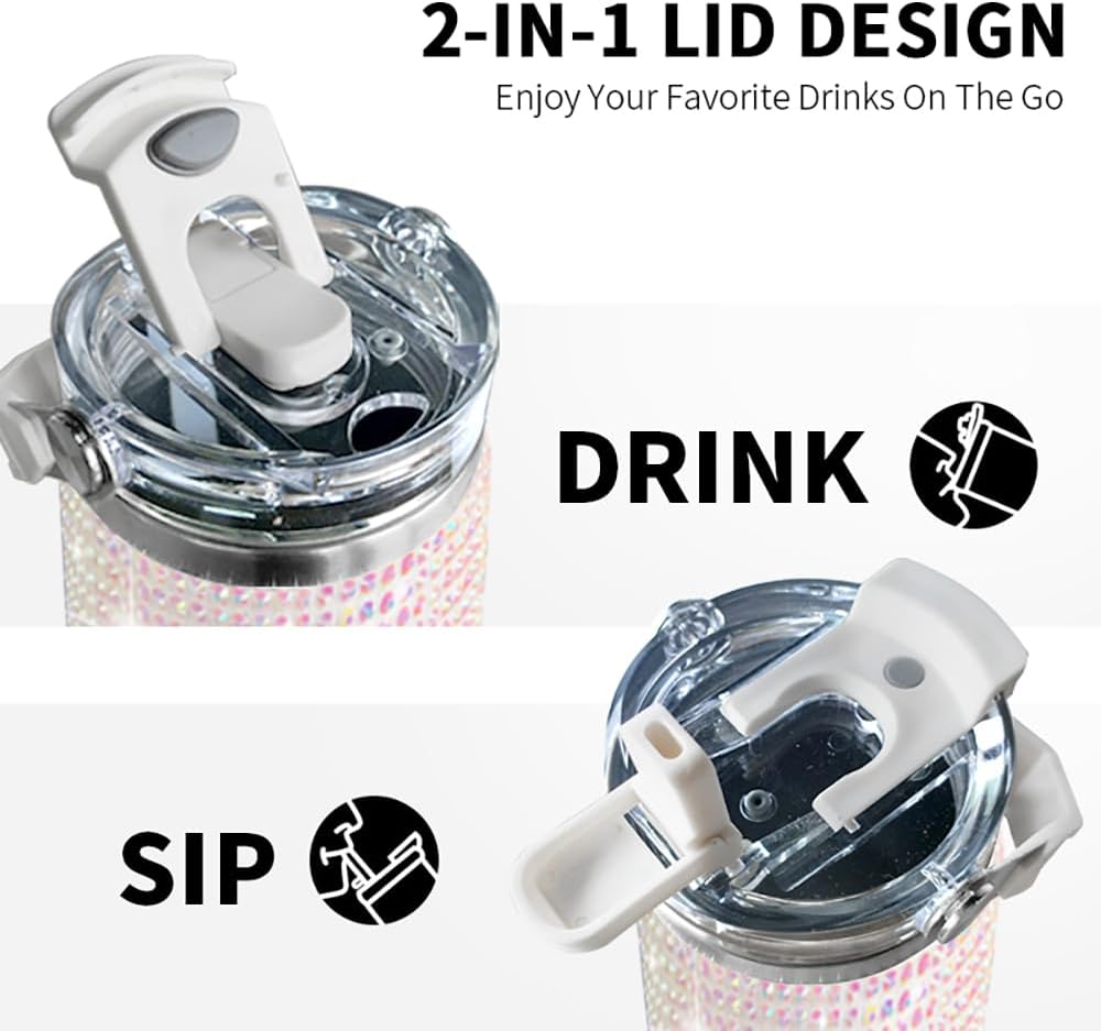 30oz Bling Rhinestone Studded Tumbler with Top Handle, Bling Cups Stainless Steel Water Bottle Diamond Glitter Tumbler for Women - Birthday Gifts for Women, Mom,Get Well Soon Gifts (Pearl)