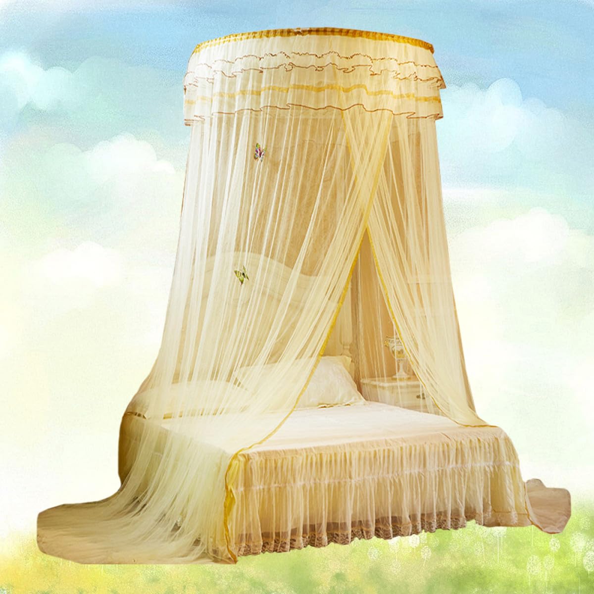 TEHAUX Zanzariera da Letto a Cupola in Pizzo Beige 1 Pezzo