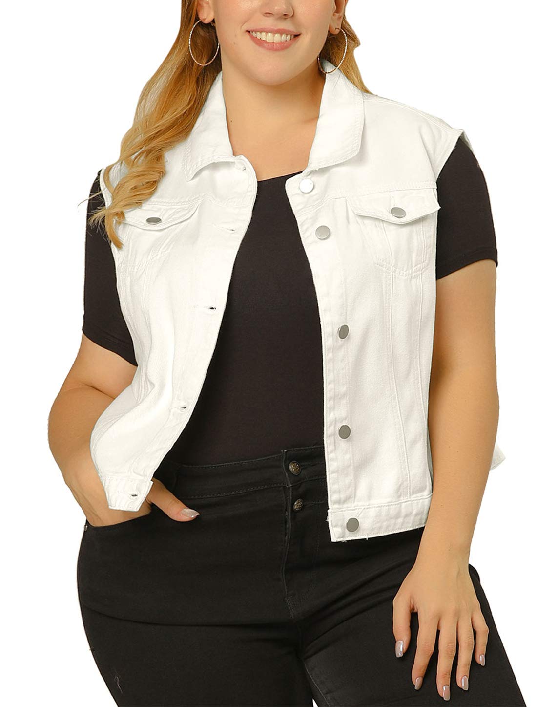 uxcell Denim Vest Top for Women Plus Size Sleeveless Button Down Waistcoat with Two Chest Flap Pockets Jean Jacket Vest