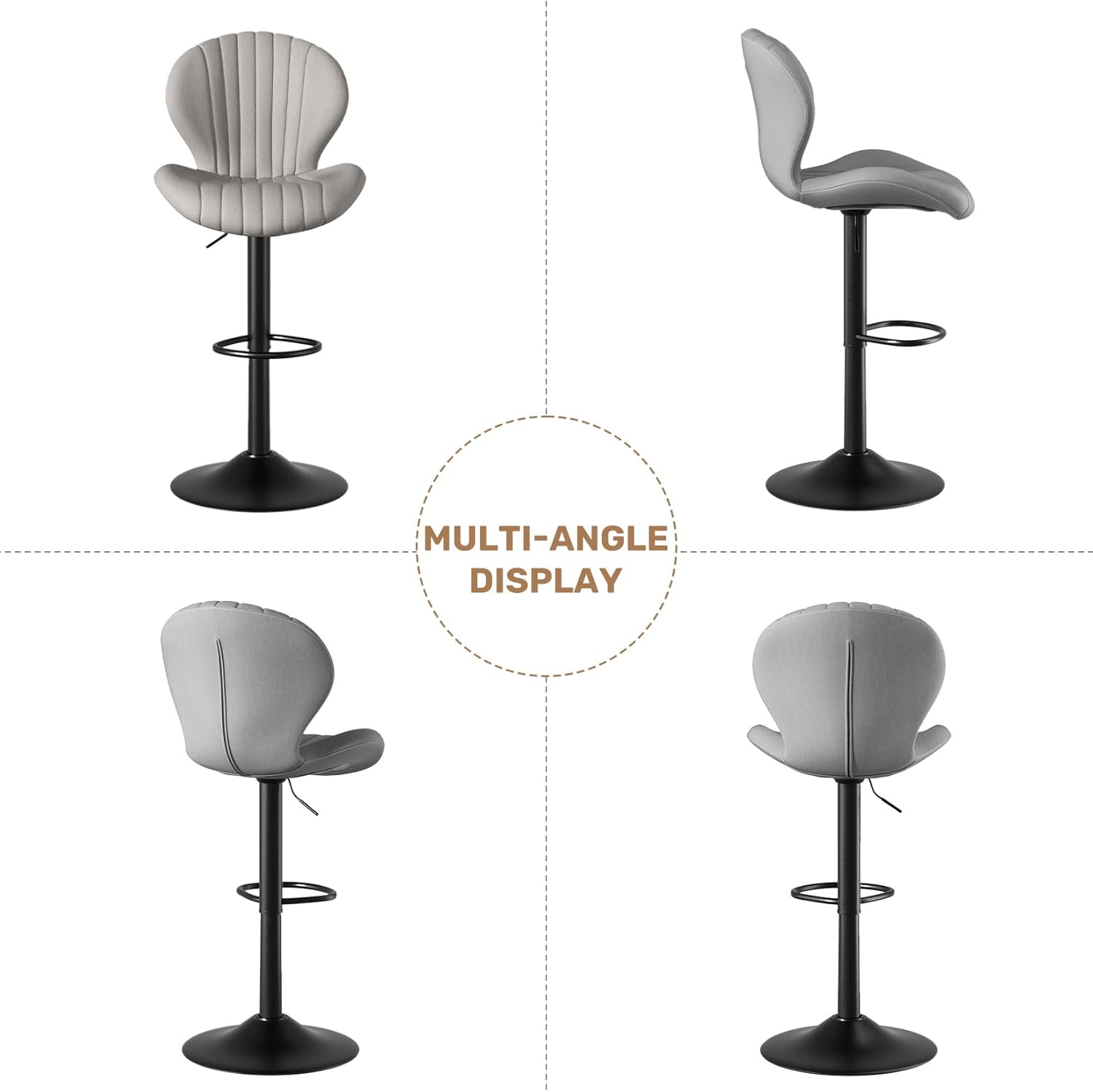 Modern Bar Stools Set of 4, 360° Swivel Bar Chairs, Adjustable Counter Height Barstools with High Backrest, Upholstered, Easy Assembly for Bar Kitchen Island, Light Grey