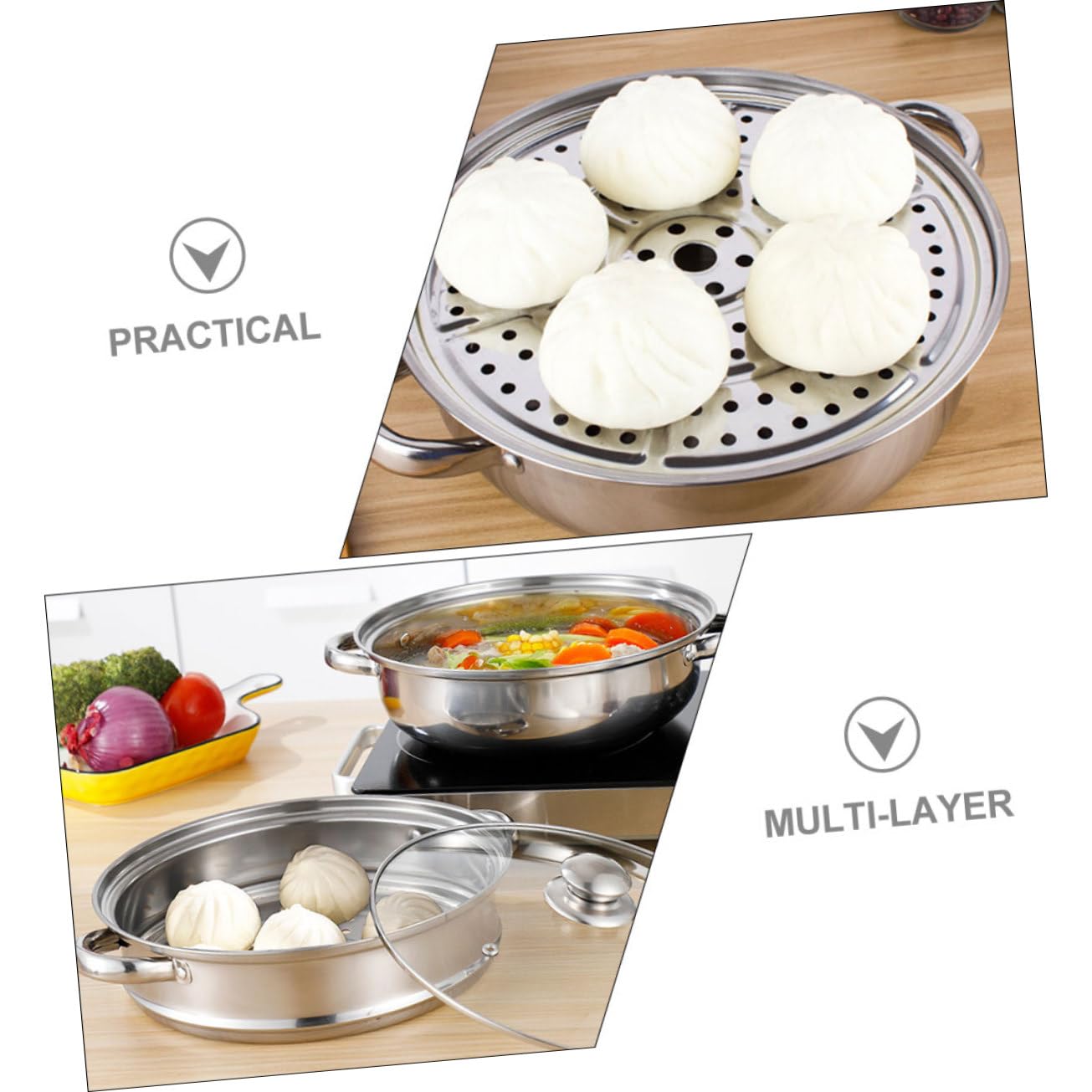 Vaporera de Cocina de Acero Inoxidable 28cm de 3 Niveles para Cocinar