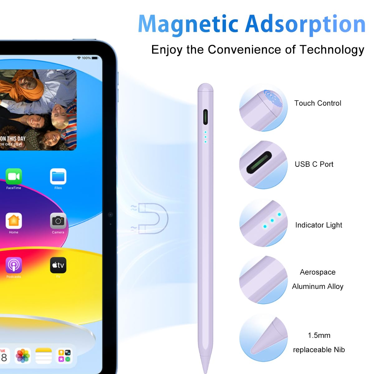 Stylus Pen for iPad, 5min Fast Charge Pencil for iPad/Pro/Air/Min 2018-2024, Pen for iPad with Tilt Sensitive& Palm Rejection& Magnetic for Professional Drawing, Writing, Working