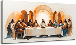 Last Supper Canvas Art Jesus 12 Disciples with Renaissance Archway Sacred Table and Ethereal Light Biblical Wall Decor for Church Altar Christian Home in Warm Tones 16x32in Wood Framed