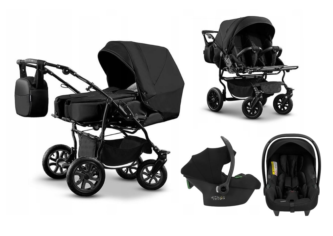 Passeggino gemellare 3 in 1. Passeggino e accessori in 3 pezzi: 2 navicelle + 2 passeggini + 2 ovetti + accessori. BBtwin DUET TRIO Nero