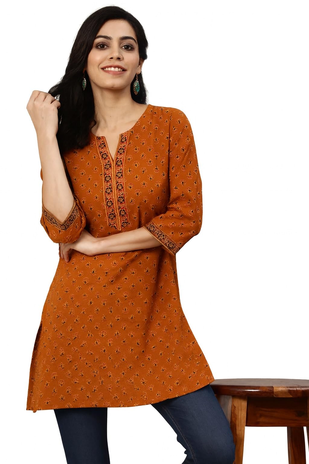 Viscose Rayon Floral Printed Short Kurta for Women | V Neck Border Design Casual Ethnic Top | Stylish Kurti for Jeans, Palazzo, Pants & Leggings