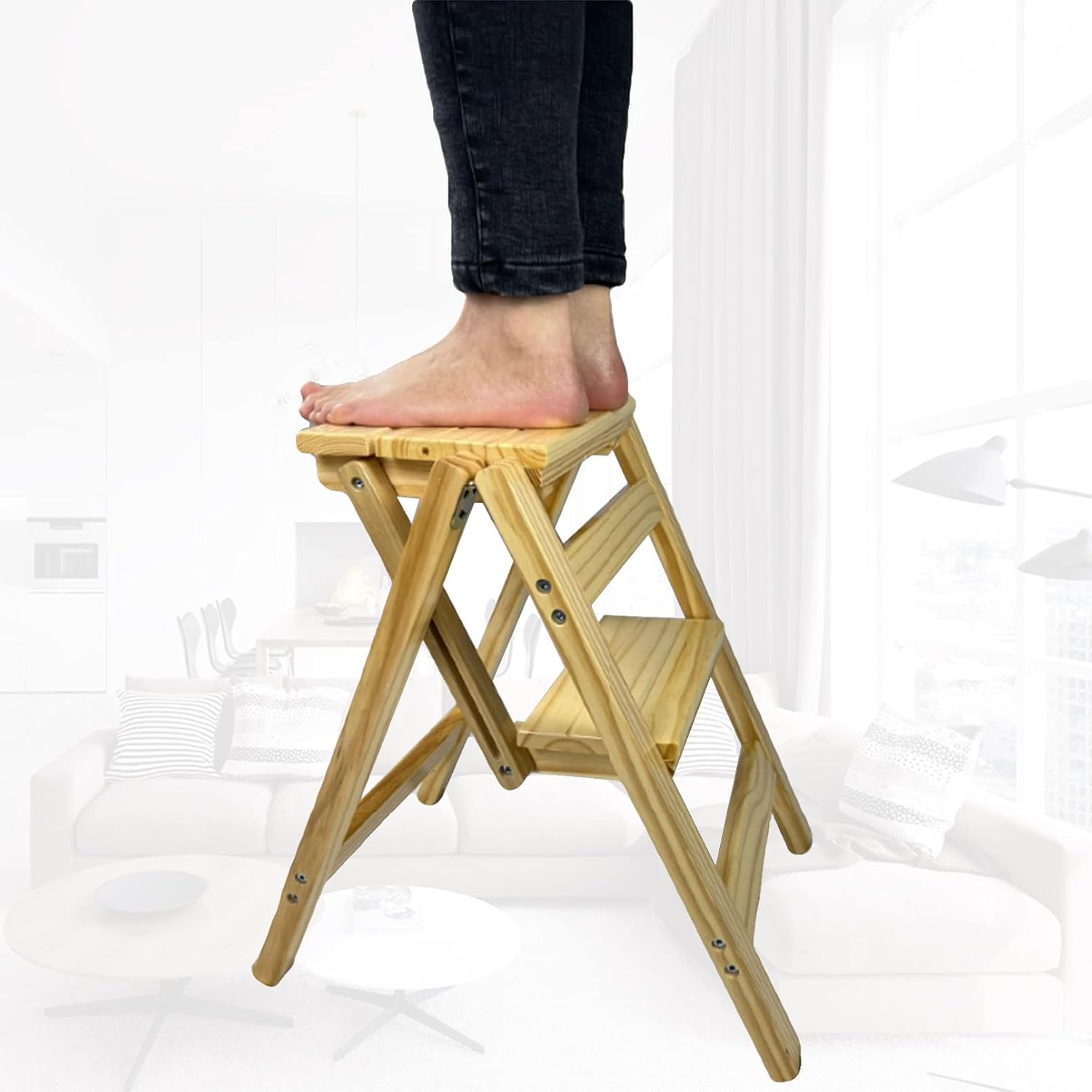 2 Step Ladder Heavy Duty Wood, Folding Step Stool, Kitchen Step Fold Away with Anti-Slip Wide Pedal, Non Slip Large Steps Ladder, Holds Up to 150 kg