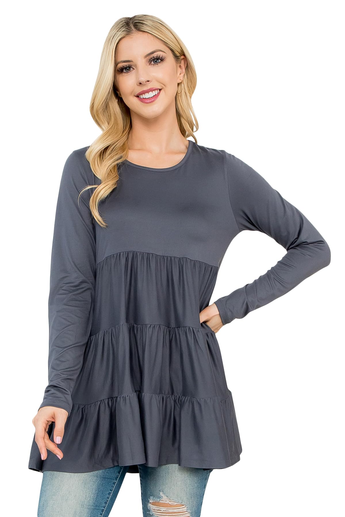 RIAH FASHION Casual Ruffle Hem Loose Peplum Top - Flowy Pleated T-Shirt Tunic Long Sleeve Plaid, Tie Dye, Floral Print, Solid