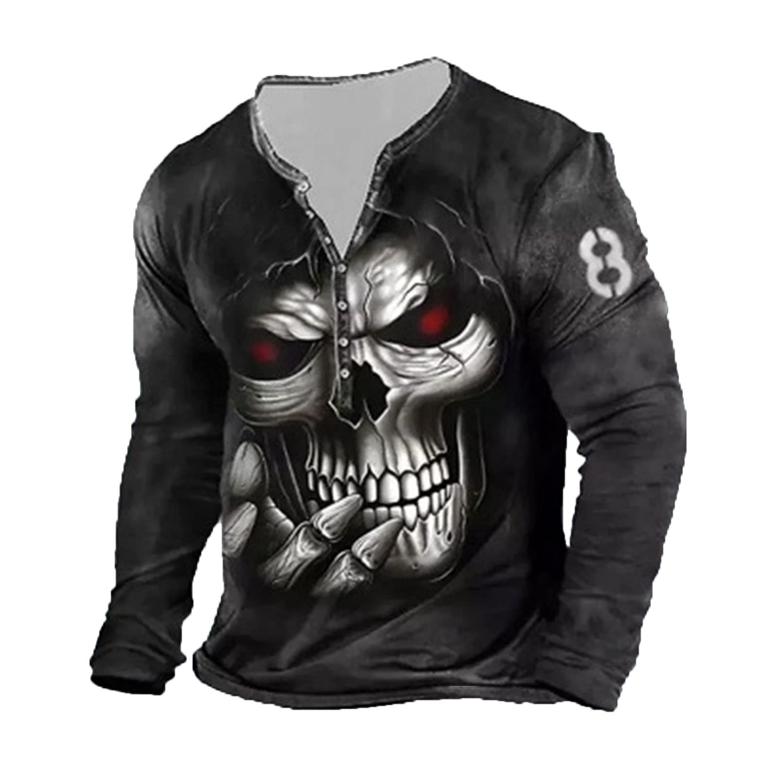 Keephen Men's # 2 Skull Graphic Print T-Shirt Retro V-Neck Long Sleeve Henley Shirts Gothic Button Down Vintage Tops