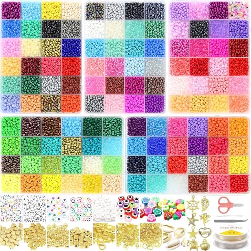 VTSHENY 14400pcs Glass Seed Beads for Jewelry Making Kit, 120 Colors 4mm Small Beads Kit Bracelet Beads with Letter Evil Eye Beads Jump Rings & Charms Pendants for Bracelets Making, DIY, Art and Craft