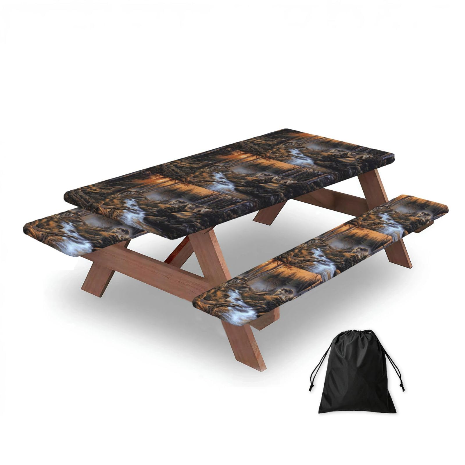 Dopklna As Picture Wolf Wildlife, Picnic Table Cover With Bench Covers -Waterproof Elastic Fitted Tablecloth For Garden Camping Patio 76X152cm
