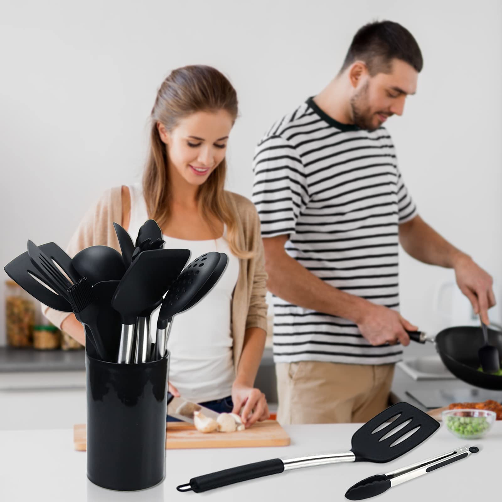 Ustensiles de Cuisine Silicone,49 Pcs Antiadhésif, Set avec Pot de Rangement pour Louche/Spatule,Noir