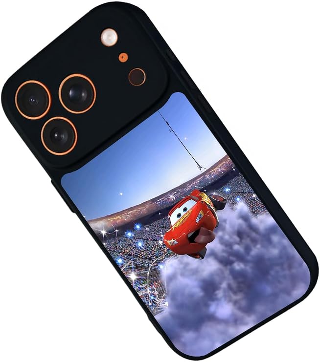 iPhone 17 Pro ile Uyumlu Şimsek McQueen Tasarımlı Glossy Premium Kılıf, Siyah