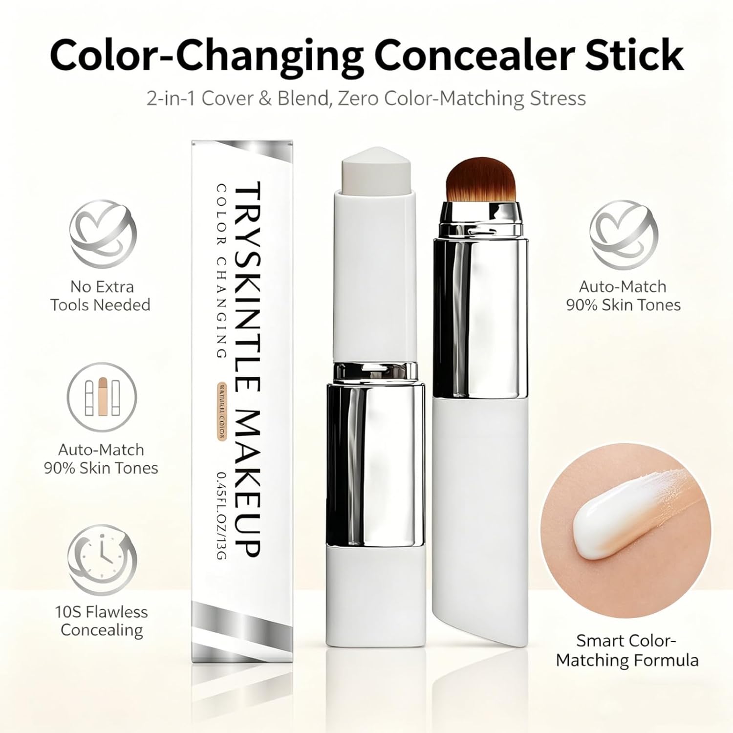 Korean Color Changing Foundation Stick, Natural Color 2 in 1 Foundation Stick with Brush, Moisturizing Long-Lasting Hydration for All Skin Types (2PCS)