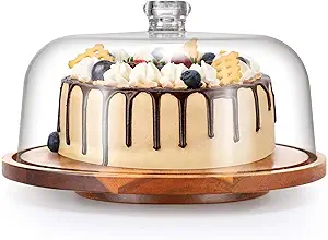 Rotating Cake Stand with Clear Acrylic Dome Lid, Turntable Base, Display Server Tray for Kitchen,Birthday Parties,Weddings,Baking Gifts,Acacia Wood Lazy Susan with Cover