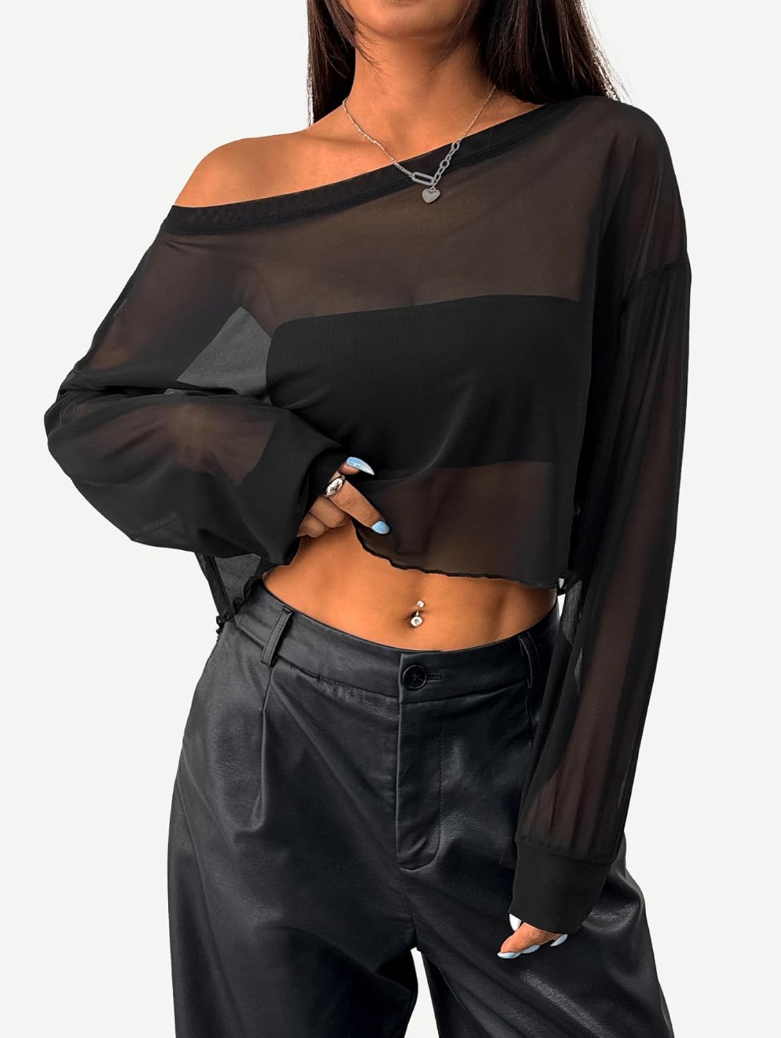 SOFIA'S CHOICE Women's Sexy Off Shoulder Long Sleeve Crop Tops Boat Neck Loose Asymmetrical Top - Image 3