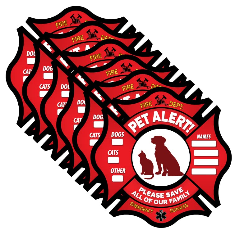 Pet Alert Stickers- FIRE Safety Alert and Rescue (6 Pack) - Save Your Pets encase of Emergency or Danger Pets in Home for Windows, Doors Sign (6PK, Fireman Symbol)