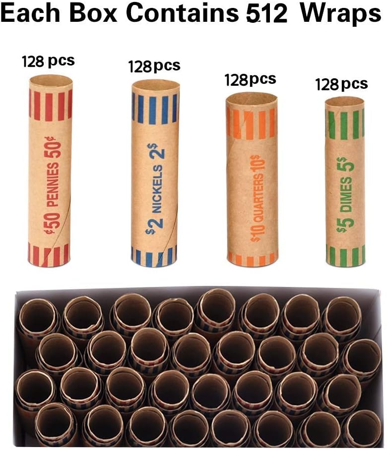 L LIKED 512 Assorted Preformed Coin Wrappers, Quarters, Pennies, Nickels and Dimes (512 Assorted)