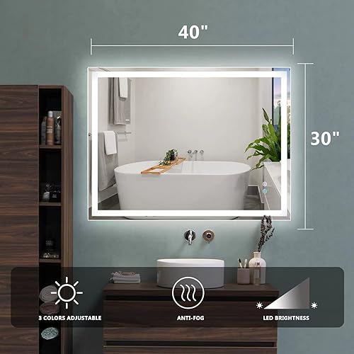 Miniatura 2 de Espejo de baño LED de 40 x 24 pulgadas, espejo con luz para baño montado en la pared, espejo iluminado antivaho con 3000 K4500 K6000 K espejo de