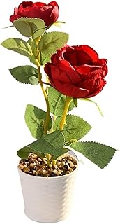 2-Head Mini Peony Artificial Potted Plant - Fake Flower with Plastic Pot for Living Room, Study & Office Desk | Small Presents for Home, Garden & Party Decor(Red)